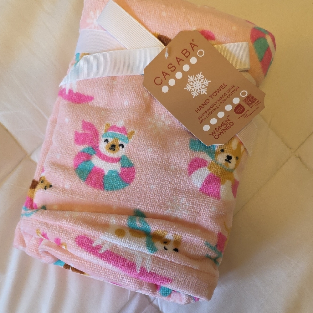 Casaba Pink Christmas Hand Towel with Dog Print